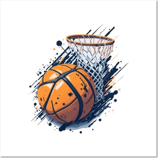 Basketball and basket with net Posters and Art